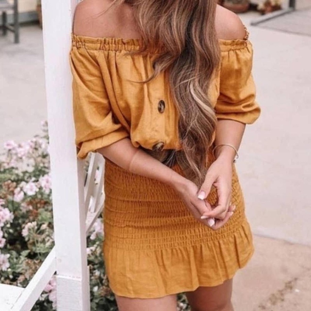 ZARA Mustard Yellow Off the Shoulder Ruched Linen Bodycon Mini Dress Small
